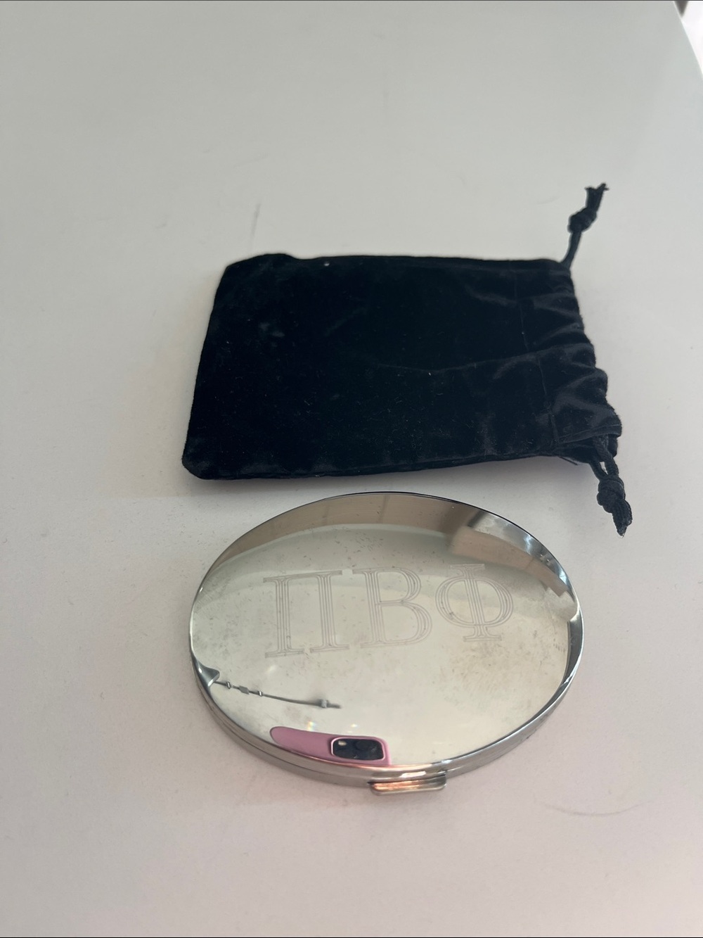 Engraved Pi Beta Phi Silver Compact with Velvet Pouch